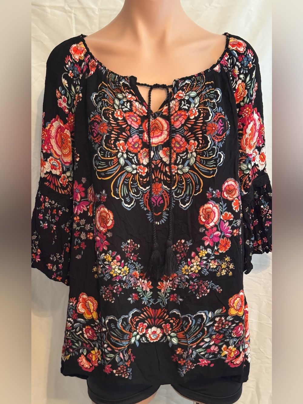 Boho Floral Print Peasant Blouse - Black with Multicolor Floral